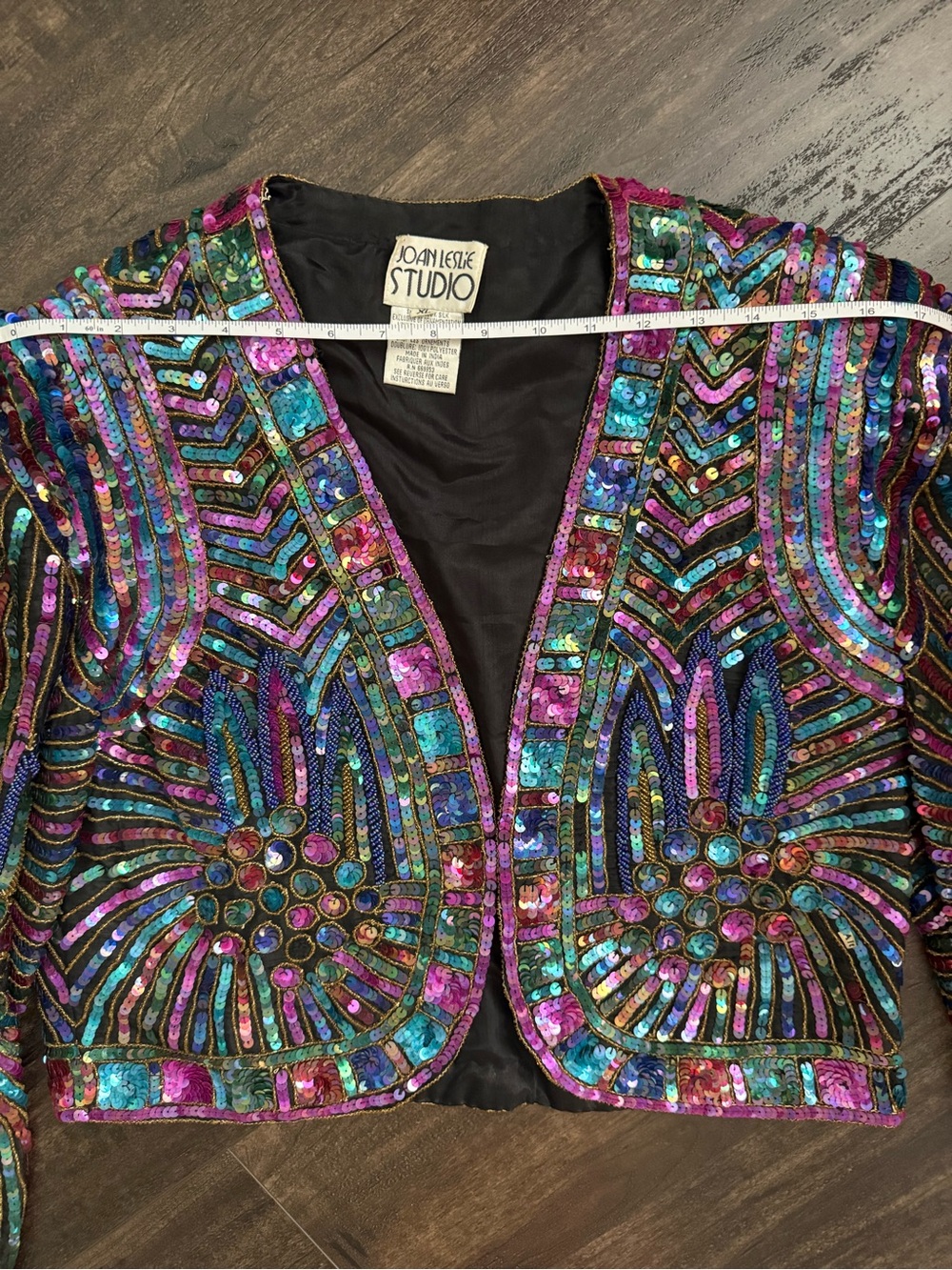 Vintage Joan Leslie Studio Silk Beaded Sequin Cropped Jacket Black Jewel Tone - Picture 7 of 13